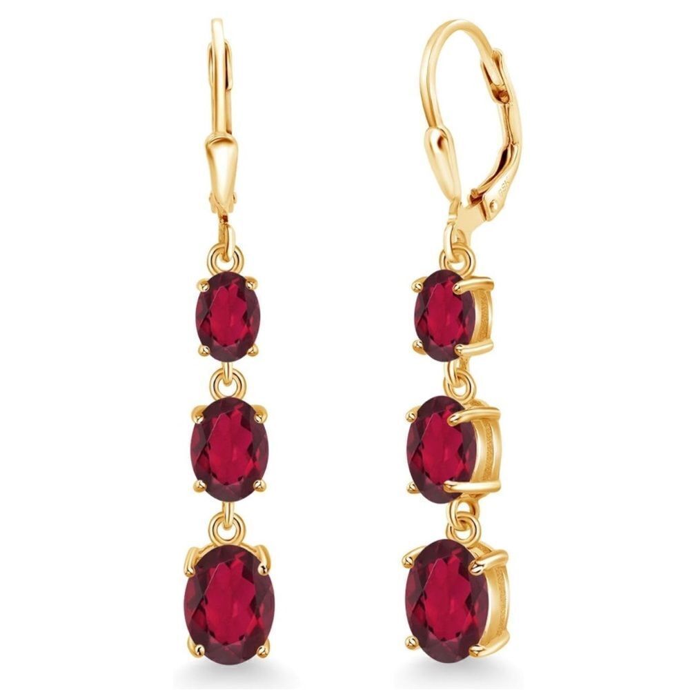 18K Yellow Gold with 5.20 Cttw 3 Stone Red Mystic Topaz Leverback Drop Earrings